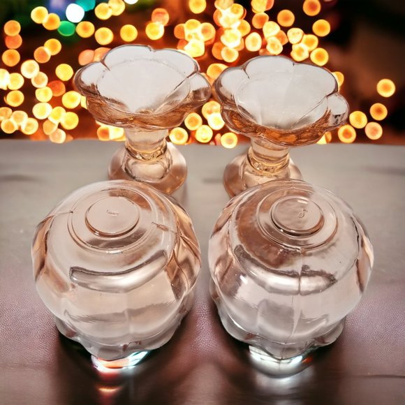 Rare Tulip Shape Pink Glass Candlestick Votive Taper Candle Holders 4-pcs set - Picture 5 of 6